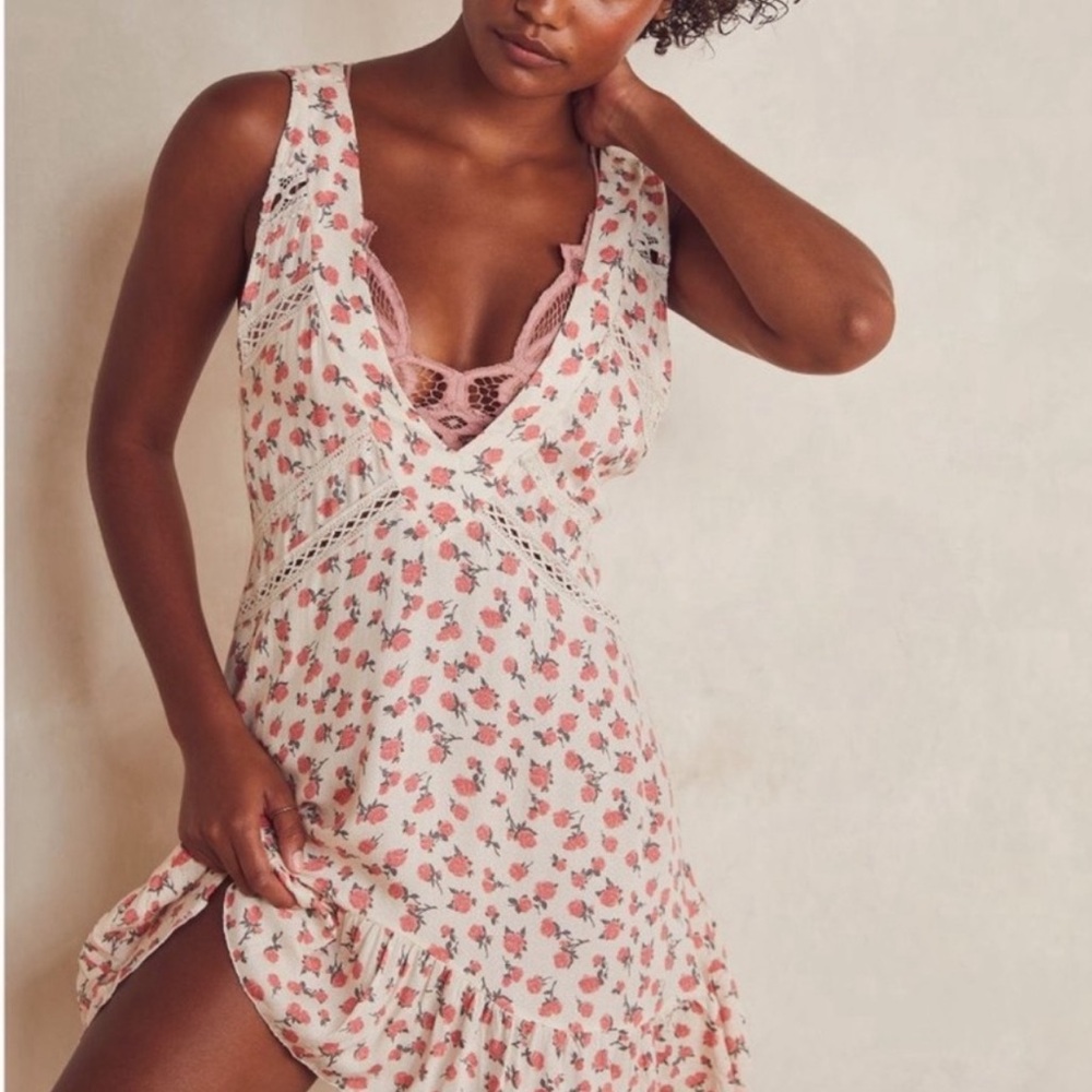 Free People Pink Floral Lace-Trim Slip Dress